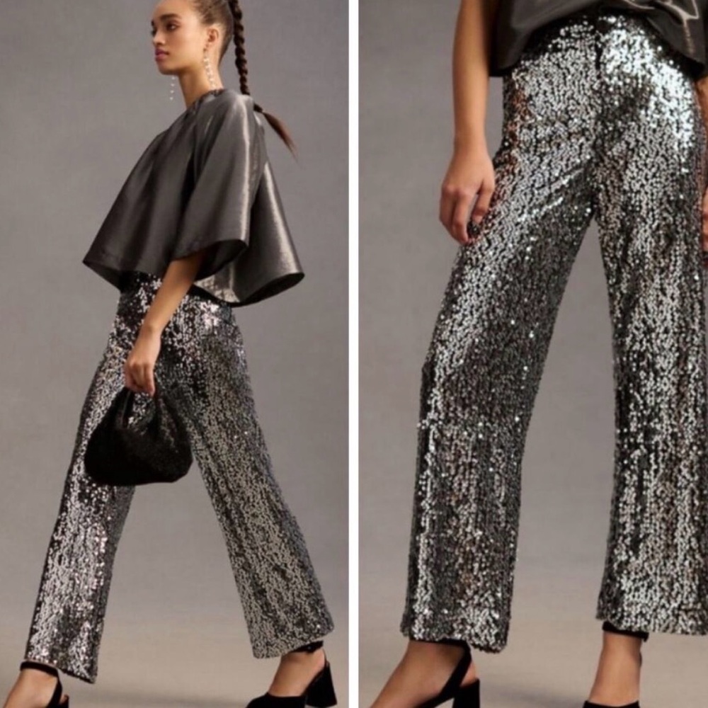 Anthropologie Silver Sequin Wide Leg Pants
